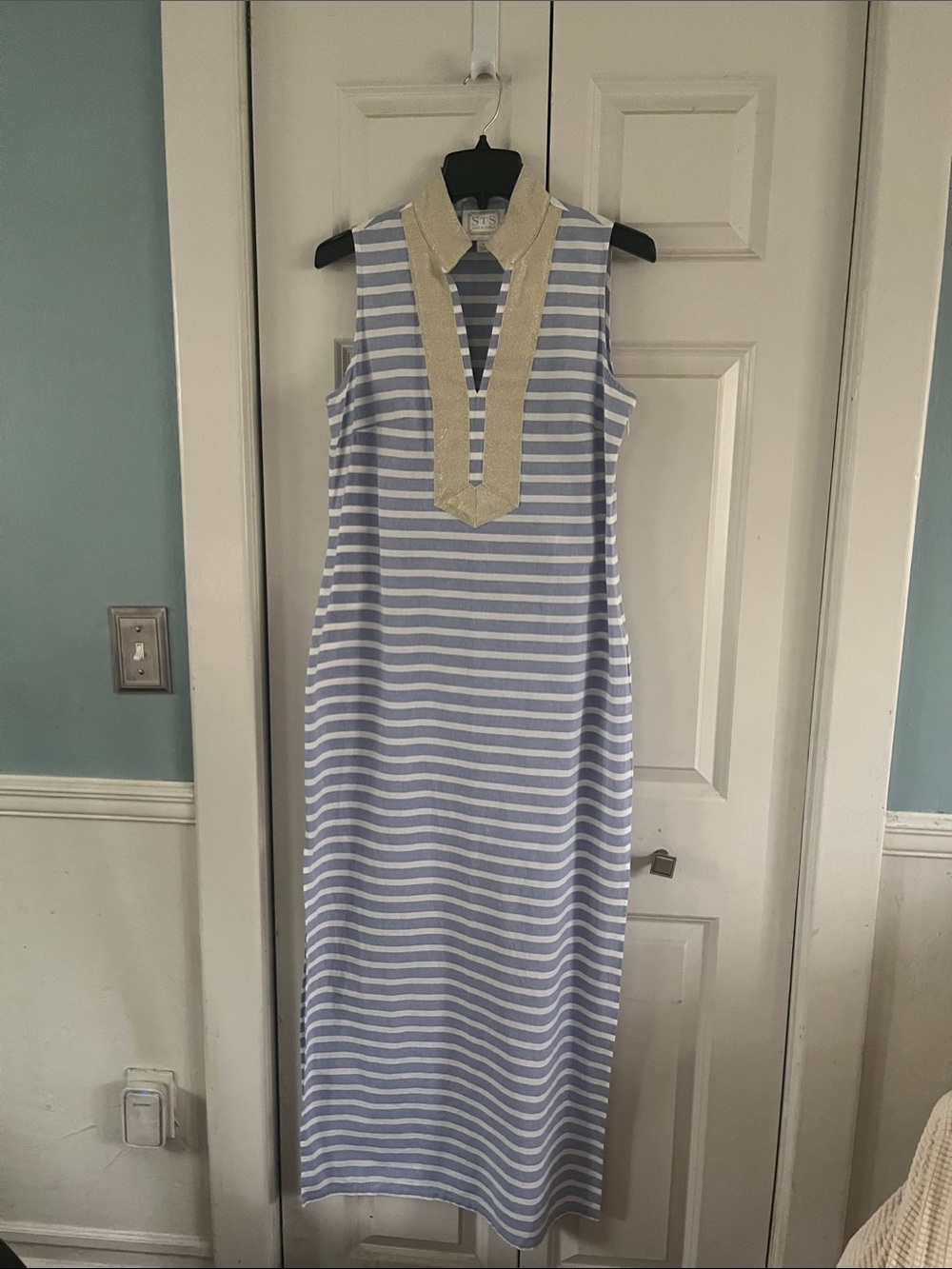 Sail to Sable chambray and White Striped Sleeveless Maxi with Gold Placket